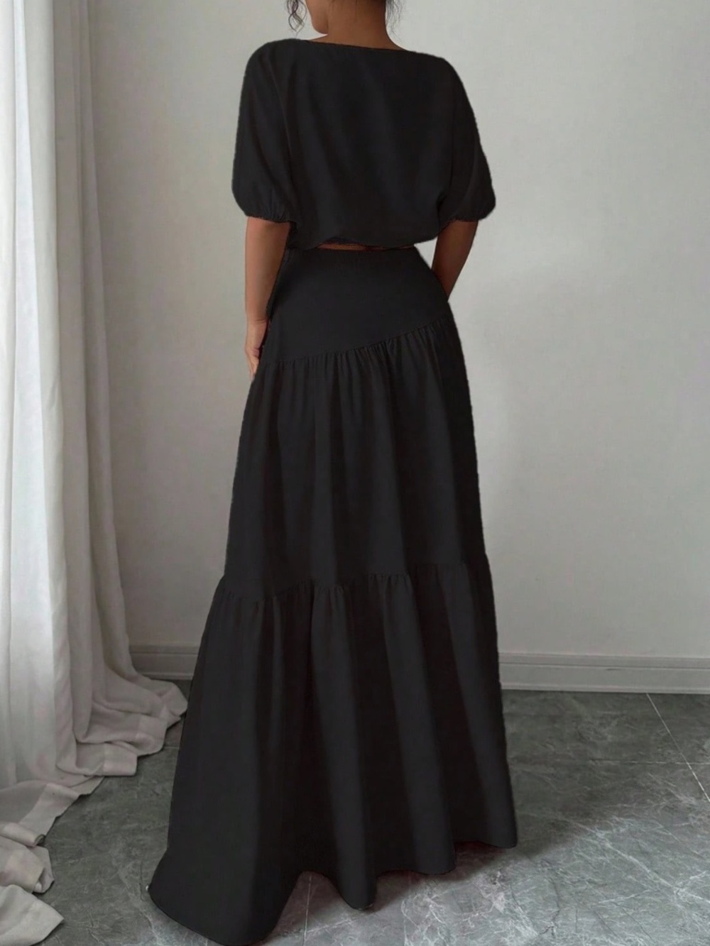 Solid Black Puff Sleeve Cropped top Maxi skirt Set - Picture 3 of 4